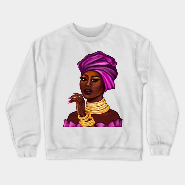 Queen Black is beautiful black girl with Gold bangles, neck ring necklace, purple dress and head wrap, brown eyes and dark brown skin ! Crewneck Sweatshirt by Artonmytee